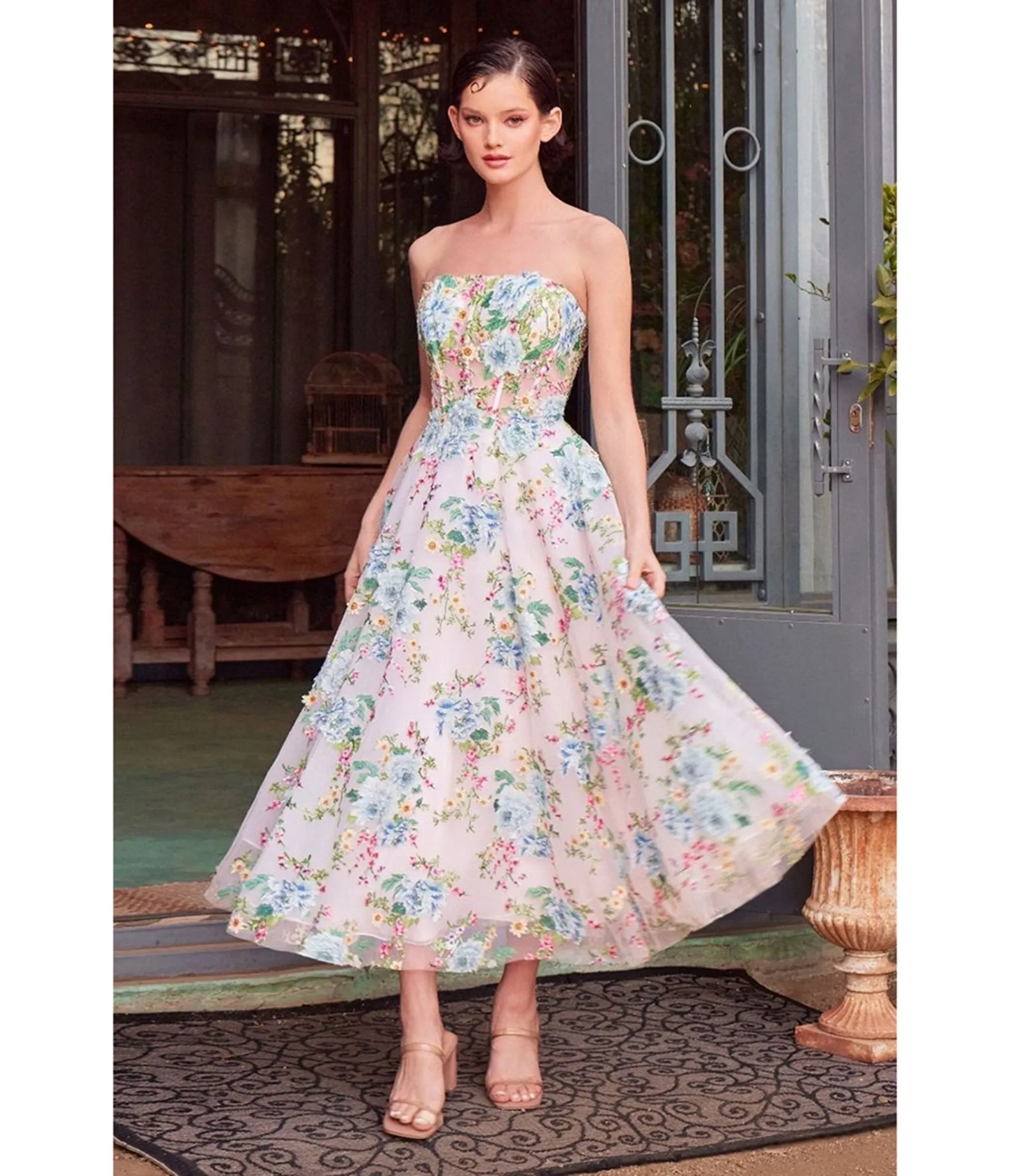 Ladivine by Cinderella Divine Blue Floral Print Strapless Puff Sleeve Tea Length Prom Dress