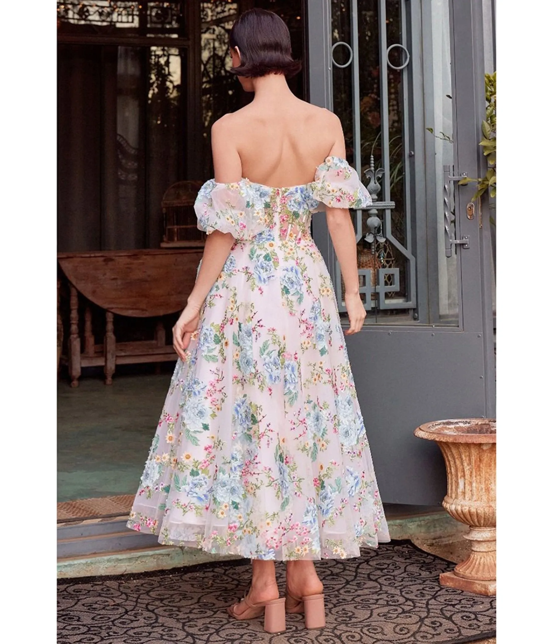 Ladivine by Cinderella Divine Blue Floral Print Strapless Puff Sleeve Tea Length Prom Dress