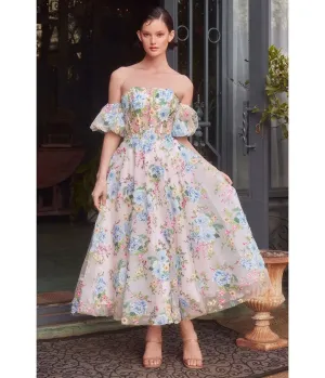 Ladivine by Cinderella Divine Blue Floral Print Strapless Puff Sleeve Tea Length Prom Dress
