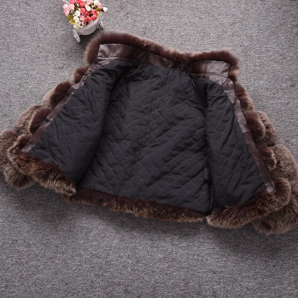 Lady Real Fox Fur Coat Short Jacket Coffee Frosted