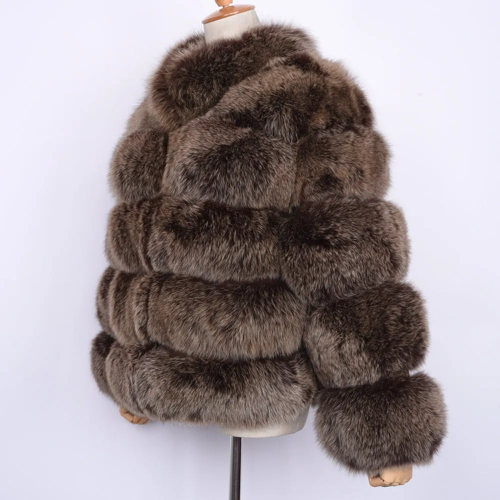 Lady Real Fox Fur Coat Short Jacket Coffee Frosted
