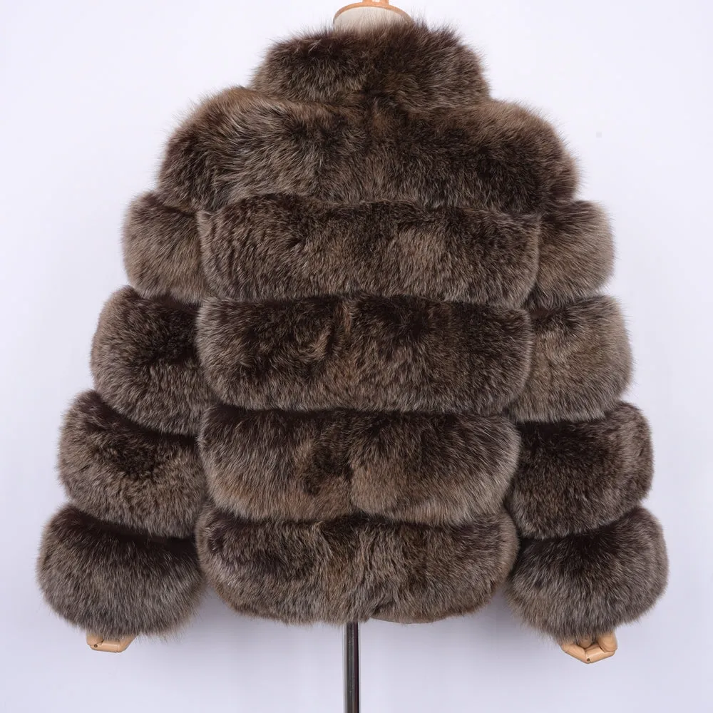 Lady Real Fox Fur Coat Short Jacket Coffee Frosted