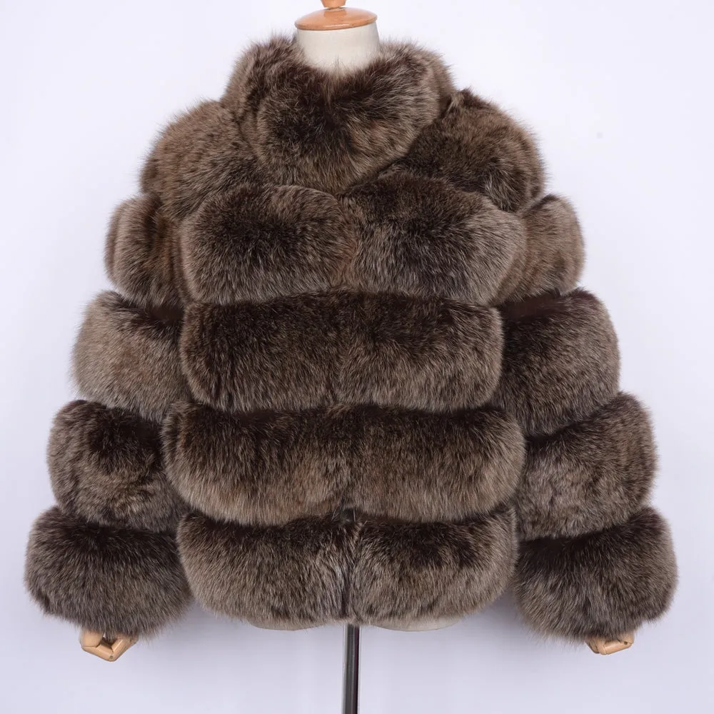 Lady Real Fox Fur Coat Short Jacket Coffee Frosted