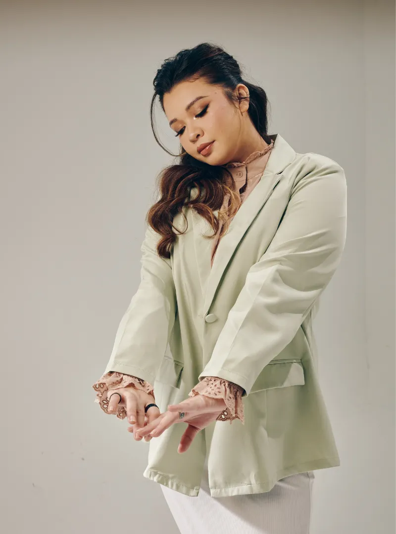Lapel Collar Oversized Blazer - Green Tea