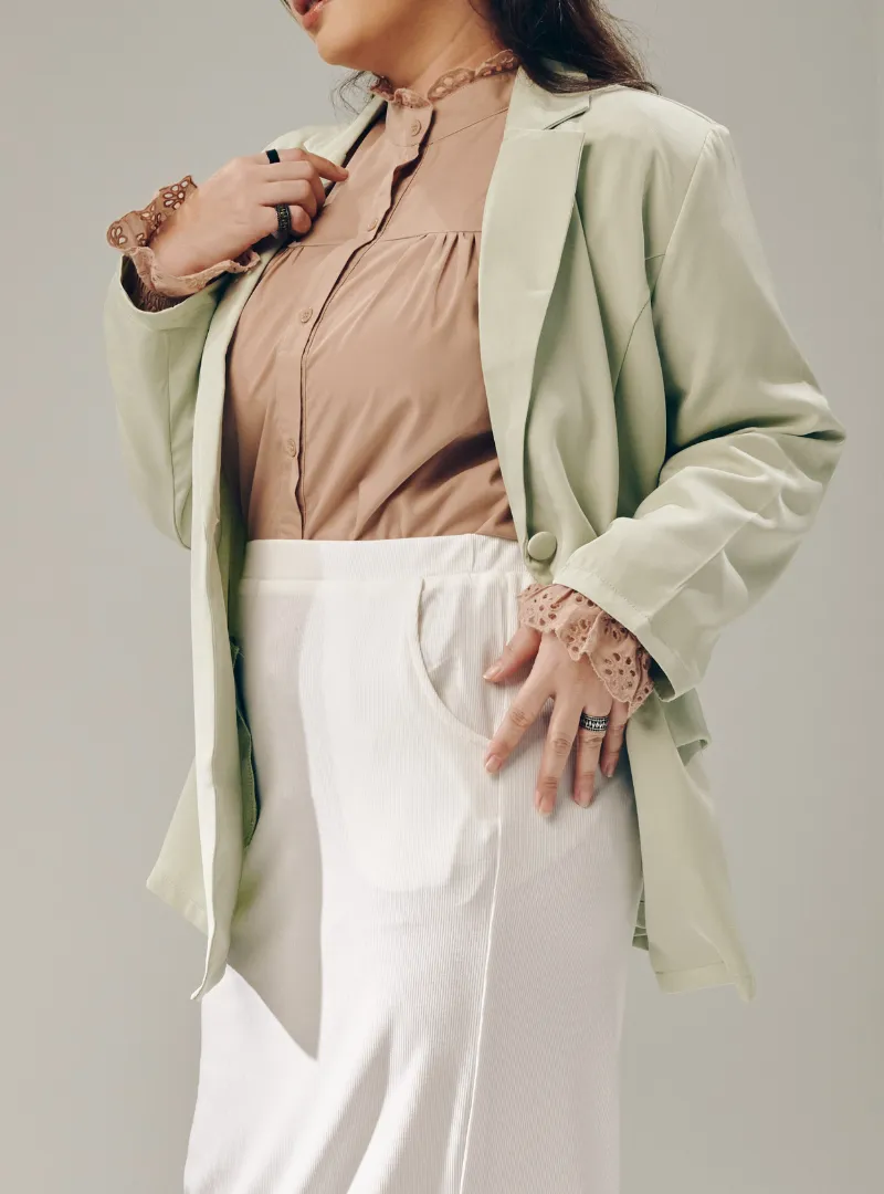 Lapel Collar Oversized Blazer - Green Tea