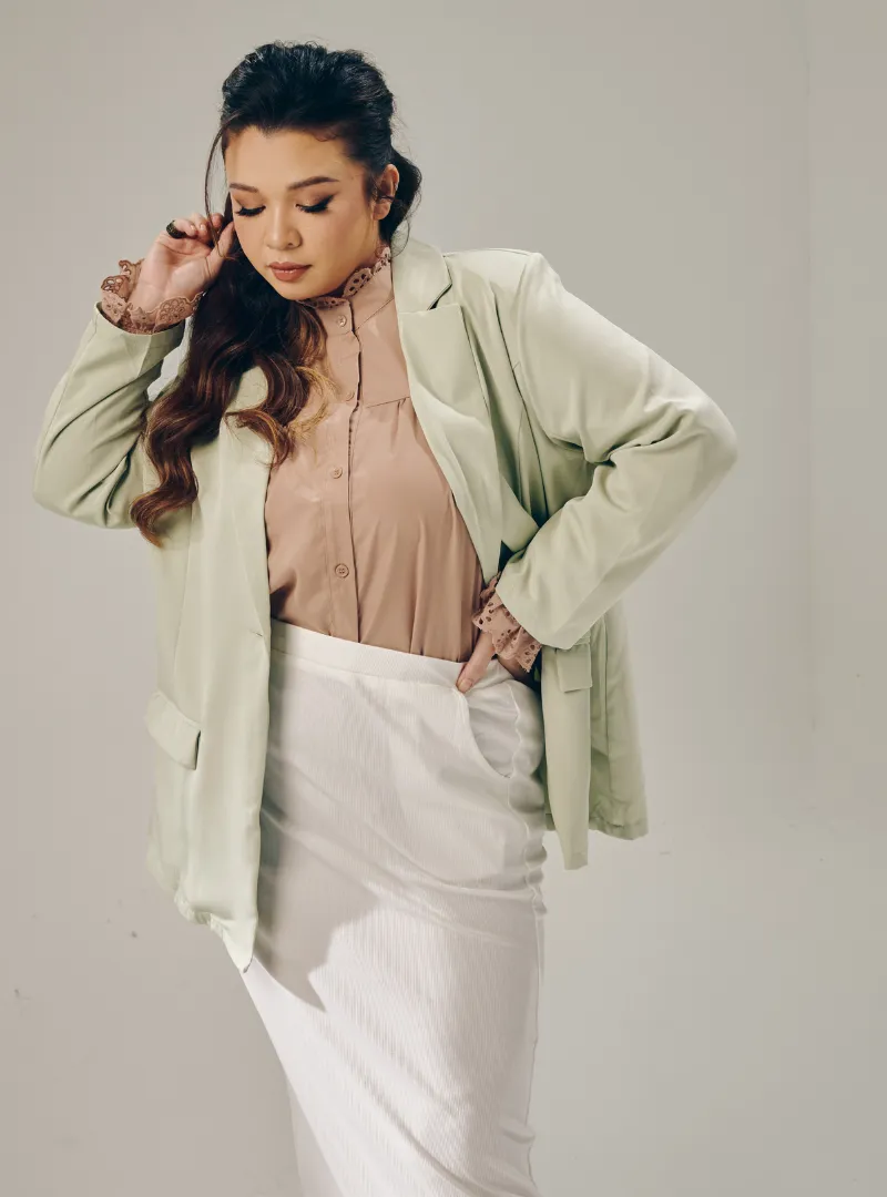 Lapel Collar Oversized Blazer - Green Tea