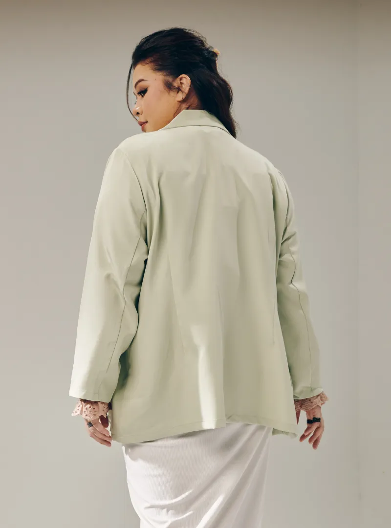 Lapel Collar Oversized Blazer - Green Tea