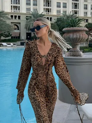 Leopard Print Lace Patchwork Sexy Maxi Dress Boutique Fashion V-Neck Slim Open Back Long Dresses