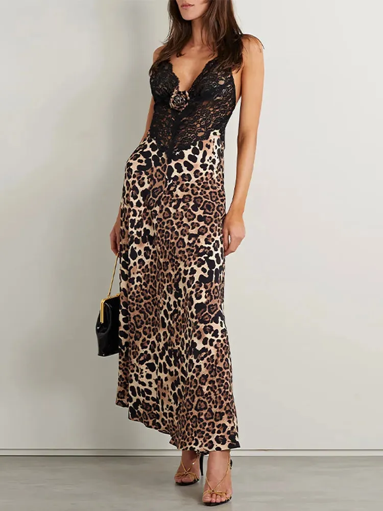 Leopard Print Lace Patchwork Sexy Maxi Dress Boutique Fashion V-Neck Slim Open Back Long Dresses