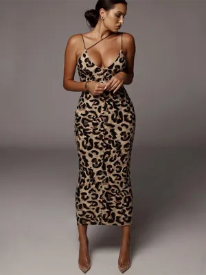 Leopard Print V-neck Maxi Dress with Spaghetti Straps