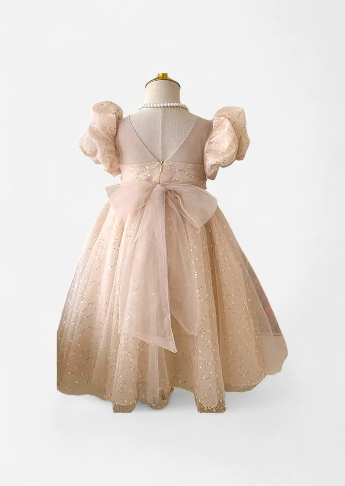 Lillian Beige Sequin Tulle Tea Length Flower Girl Dress