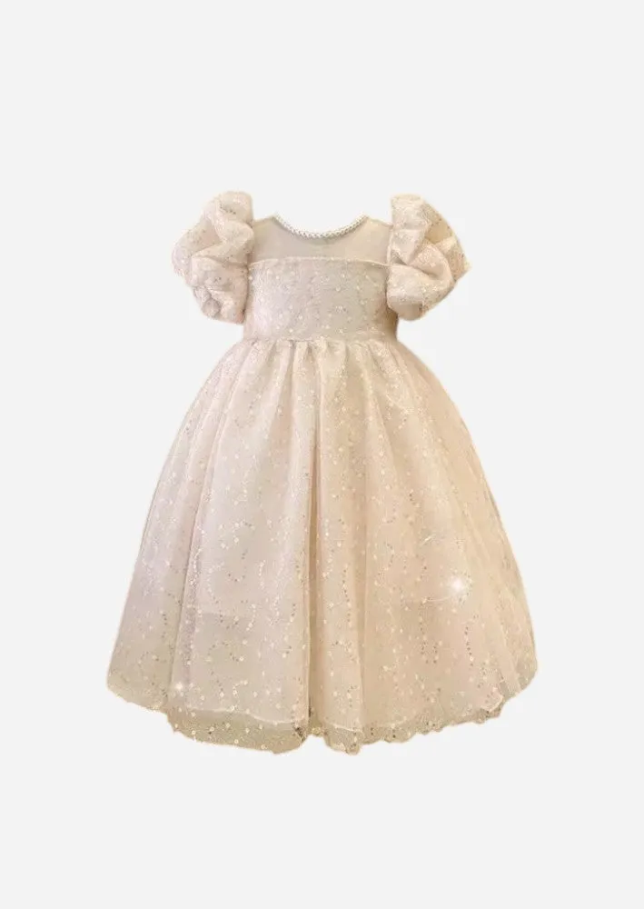 Lillian Beige Sequin Tulle Tea Length Flower Girl Dress