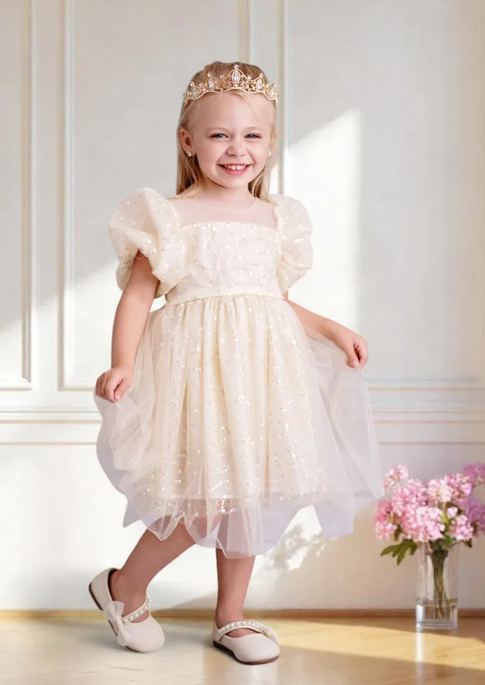 Lillian Beige Sequin Tulle Tea Length Flower Girl Dress