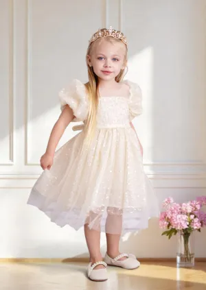 Lillian Beige Sequin Tulle Tea Length Flower Girl Dress