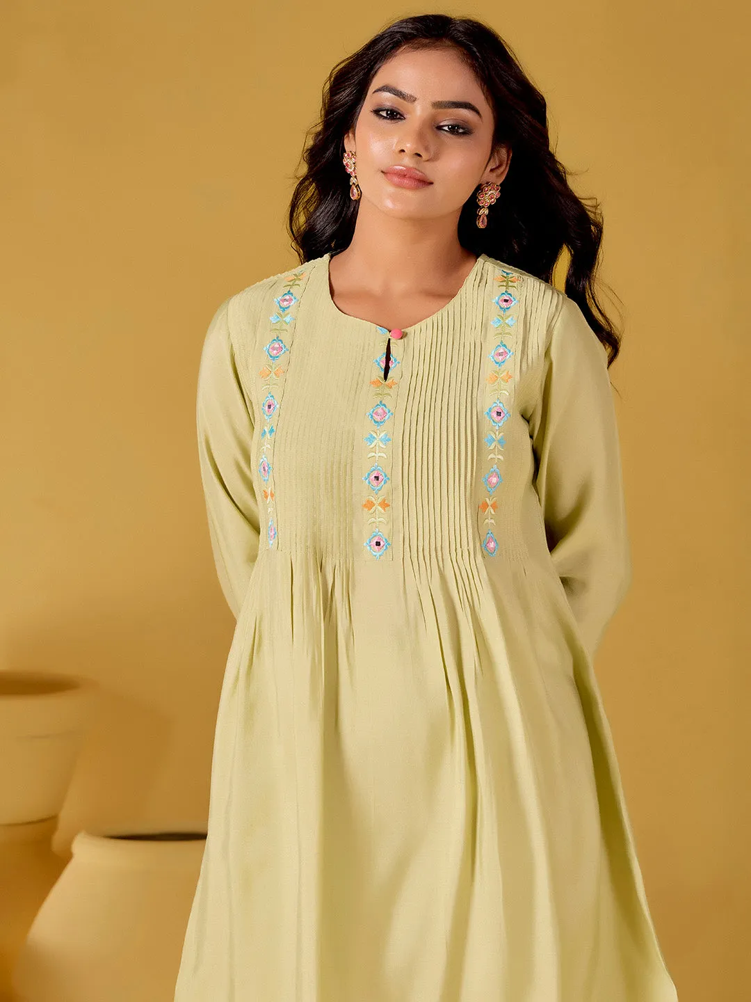 Lime Green Mirror Work Embroidered Festive Co-ord Set