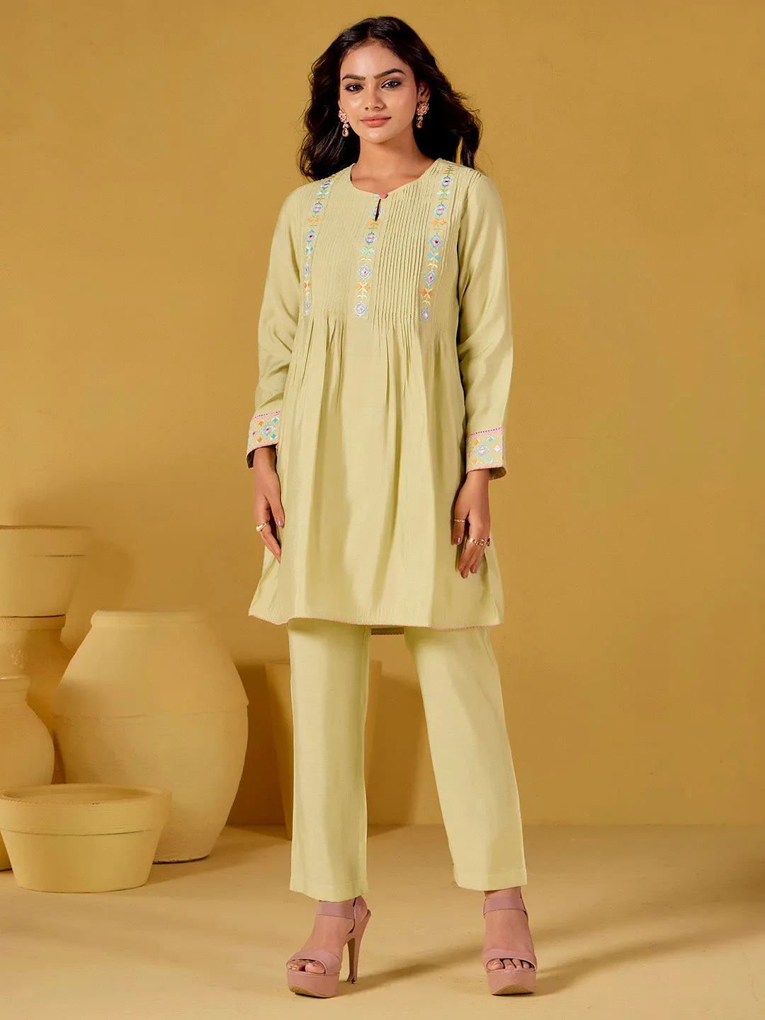 Lime Green Mirror Work Embroidered Festive Co-ord Set