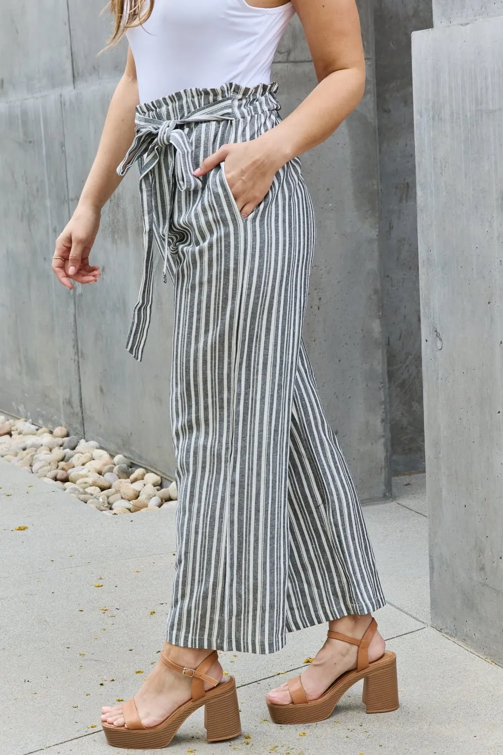 Linen Paperbag Waist Striped Culotte Pants