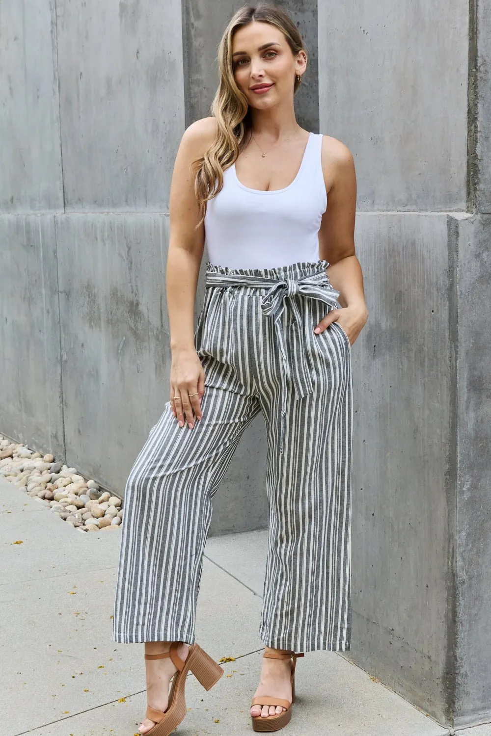 Linen Paperbag Waist Striped Culotte Pants