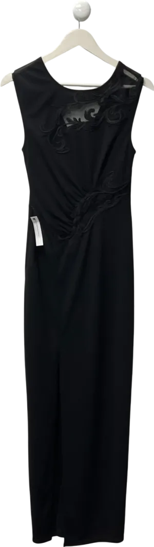 lipsy london Black Lace Applique Ruched Mesh Maxi Dress UK 6