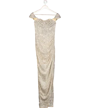 lipsy london Metallic Sequin Bardot Split Drape Maxi Dress UK 6