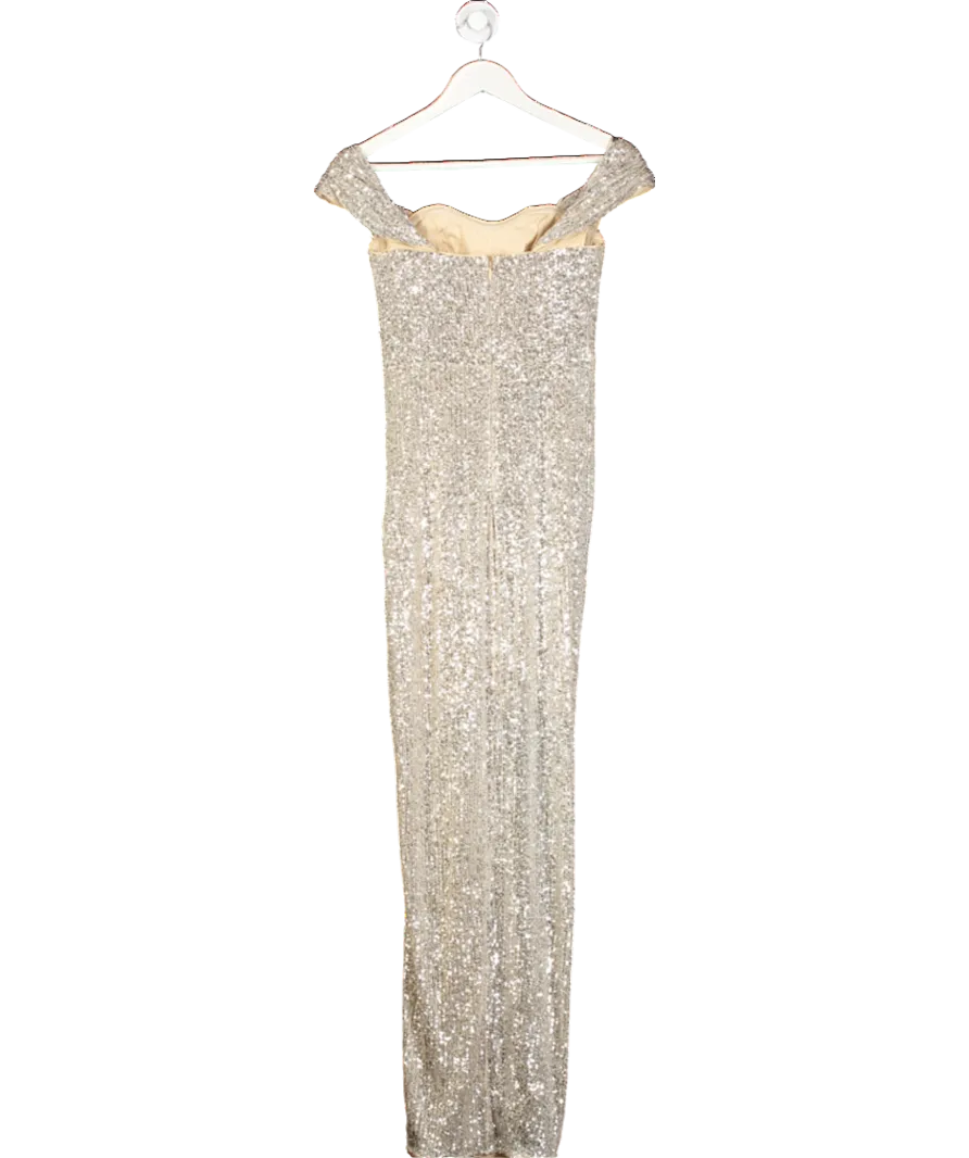 lipsy london Metallic Sequin Bardot Split Drape Maxi Dress UK 6