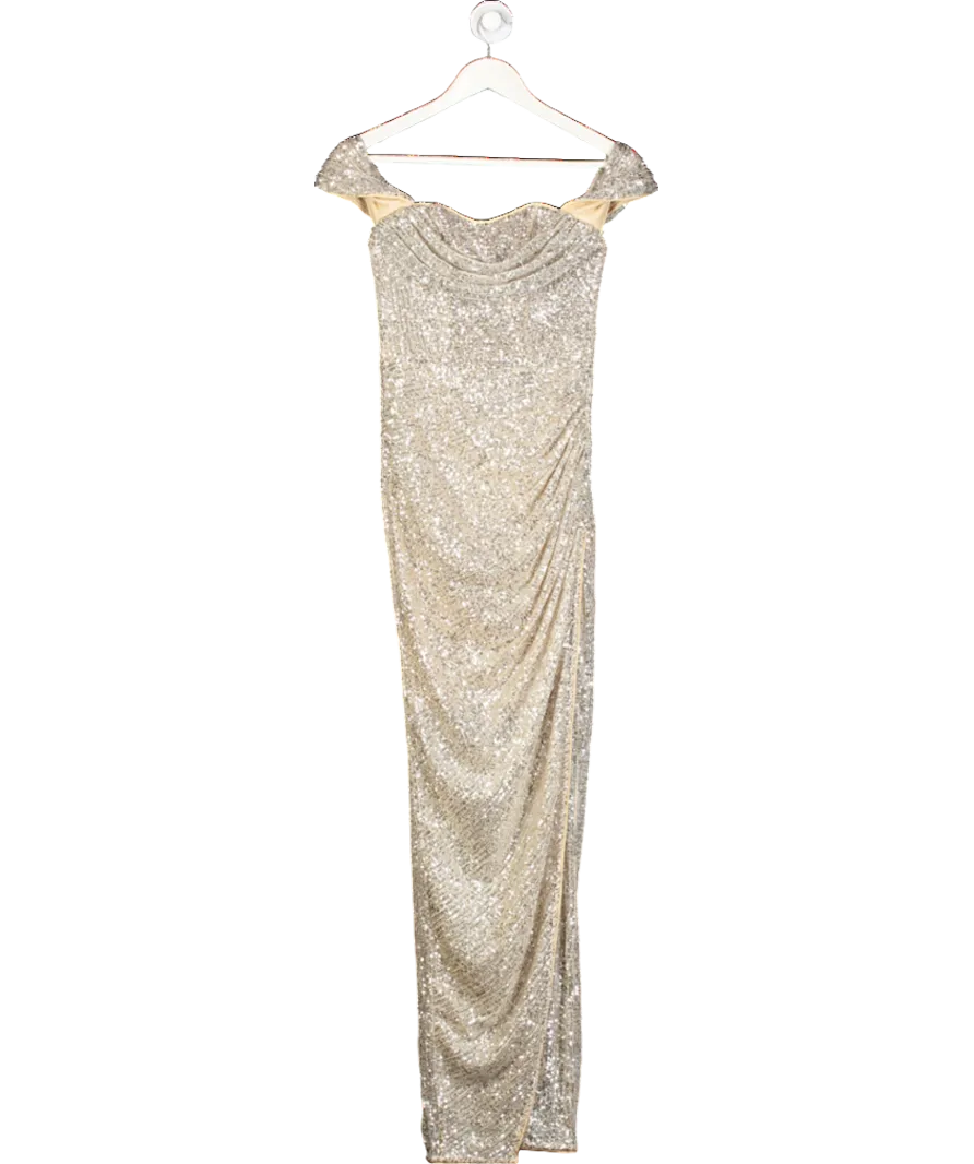 lipsy london Metallic Sequin Bardot Split Drape Maxi Dress UK 6