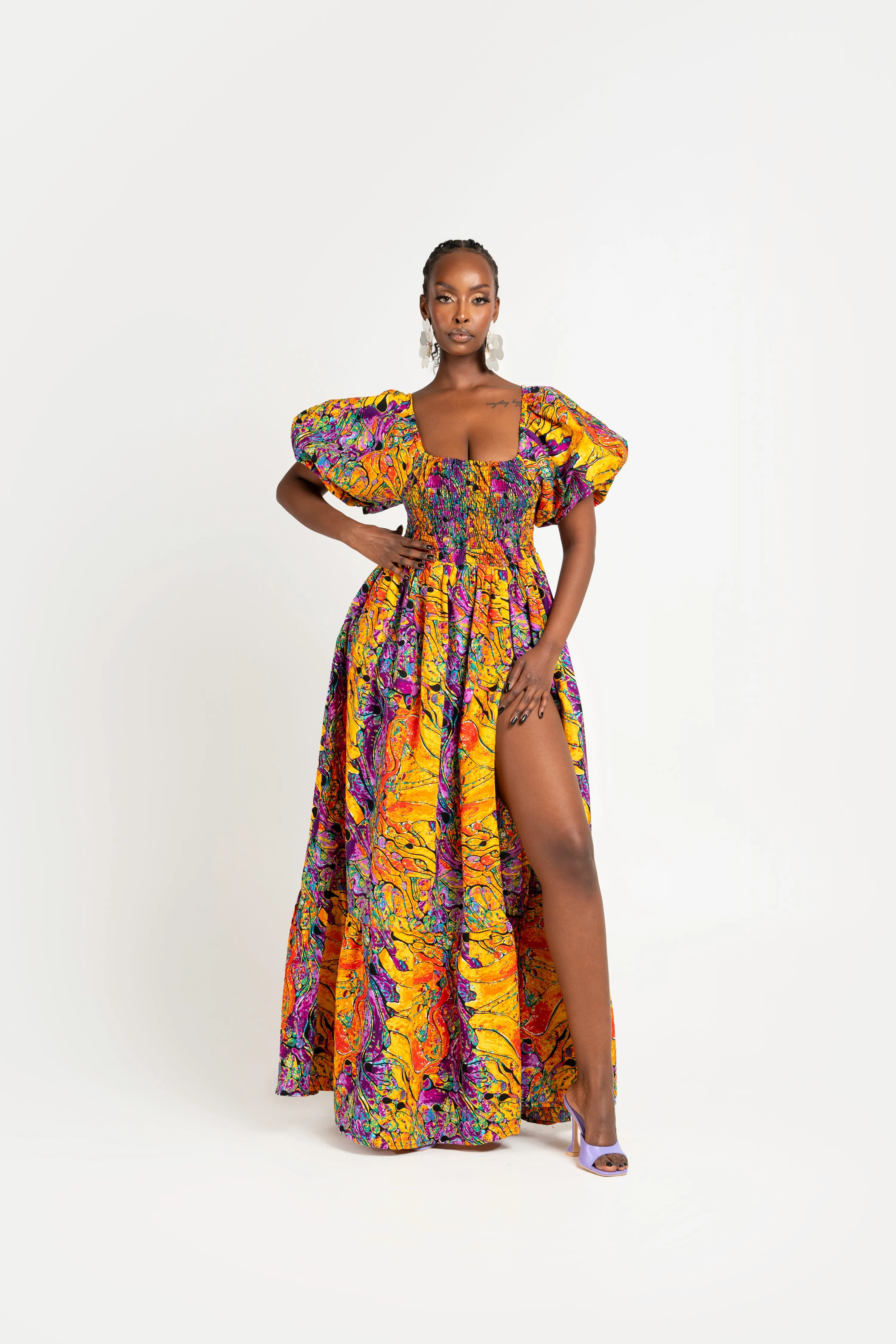 LISA African print smocked maxi dress (PUFFY SLEEVE)