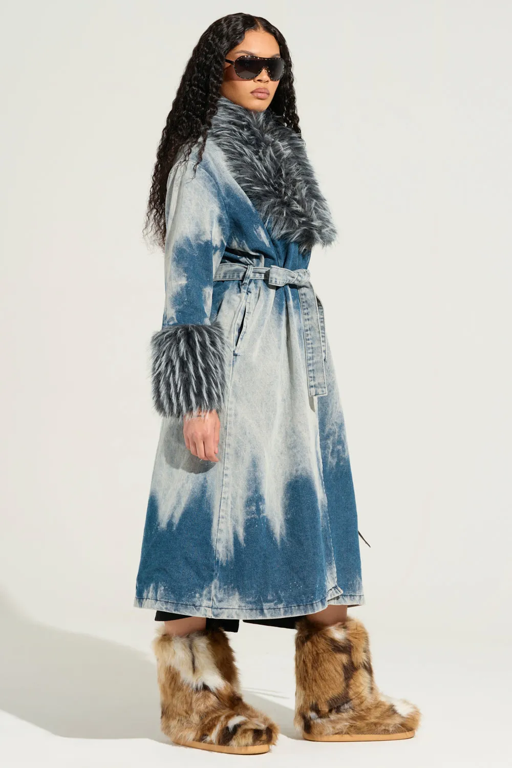 LIV FUR TRIM DENIM TRENCH
