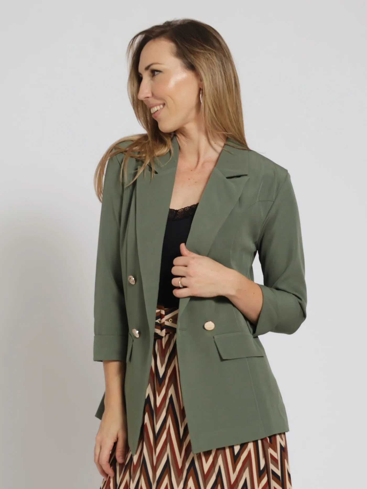 Long Sleeve Turn Up Sleeve Blazer - Fatigue