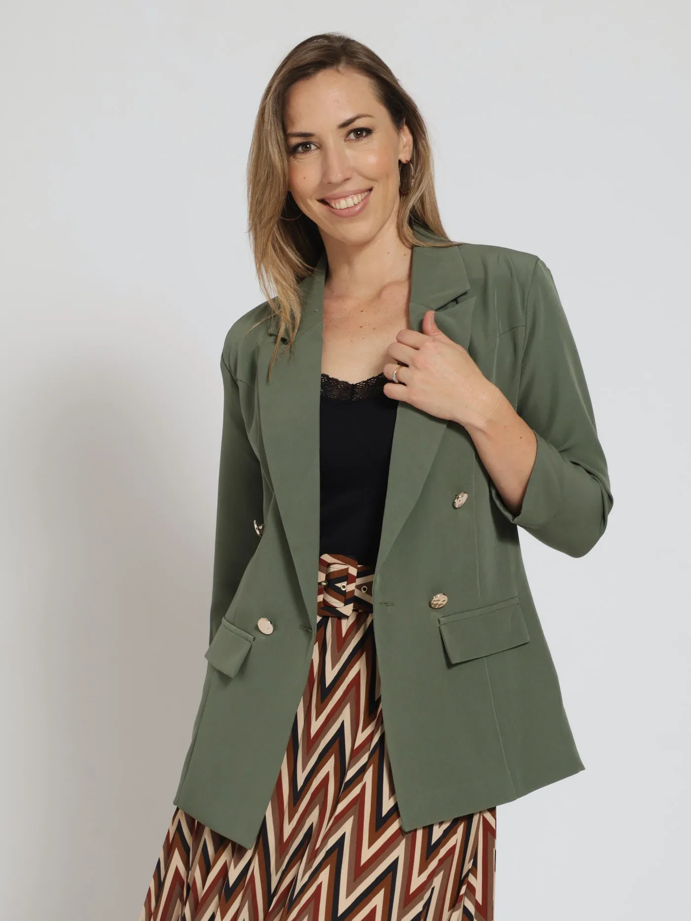 Long Sleeve Turn Up Sleeve Blazer - Fatigue