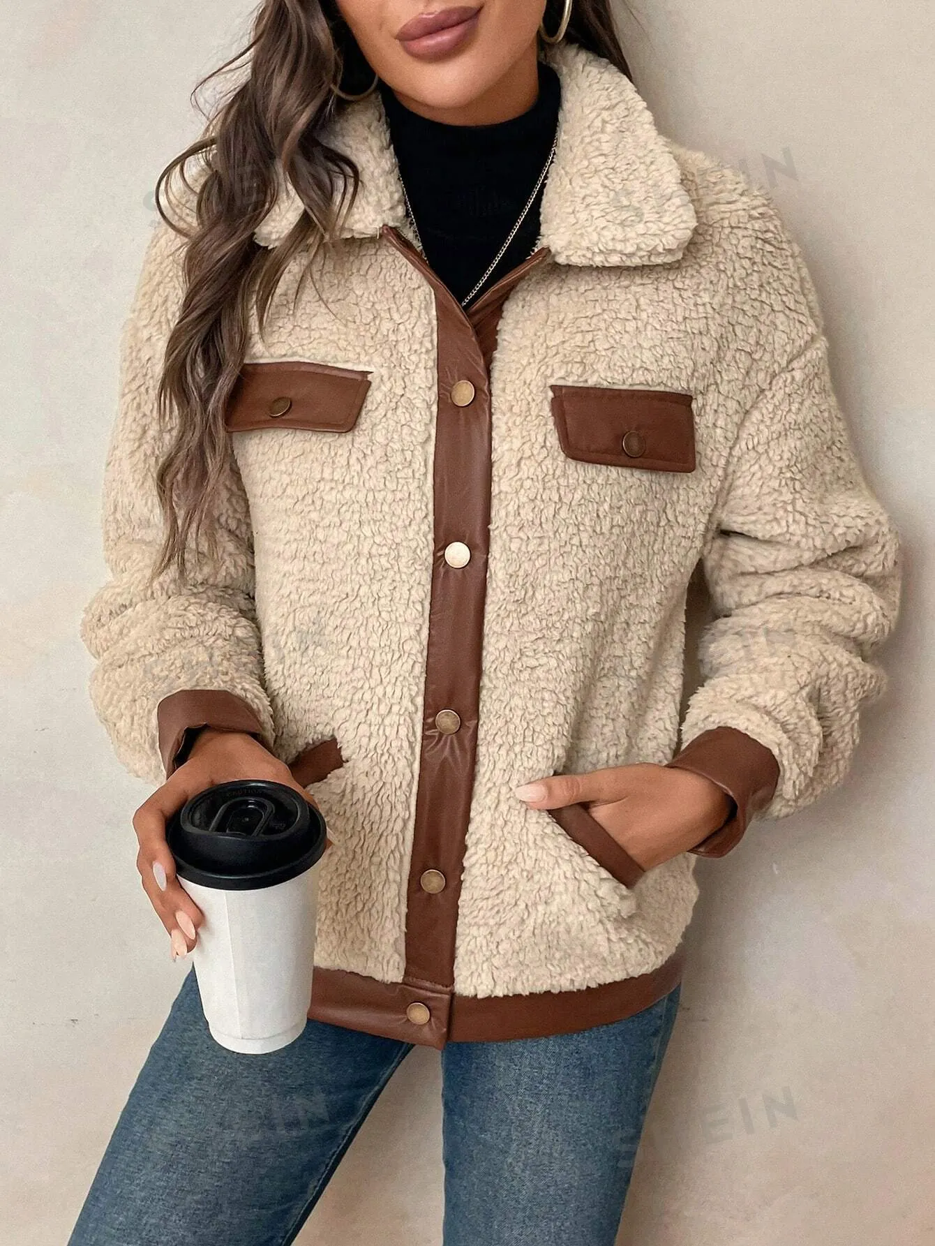 LUNE Women's Casual Warm PU Patchwork Faux Fur Pocket Jacket, Autumn/Winter