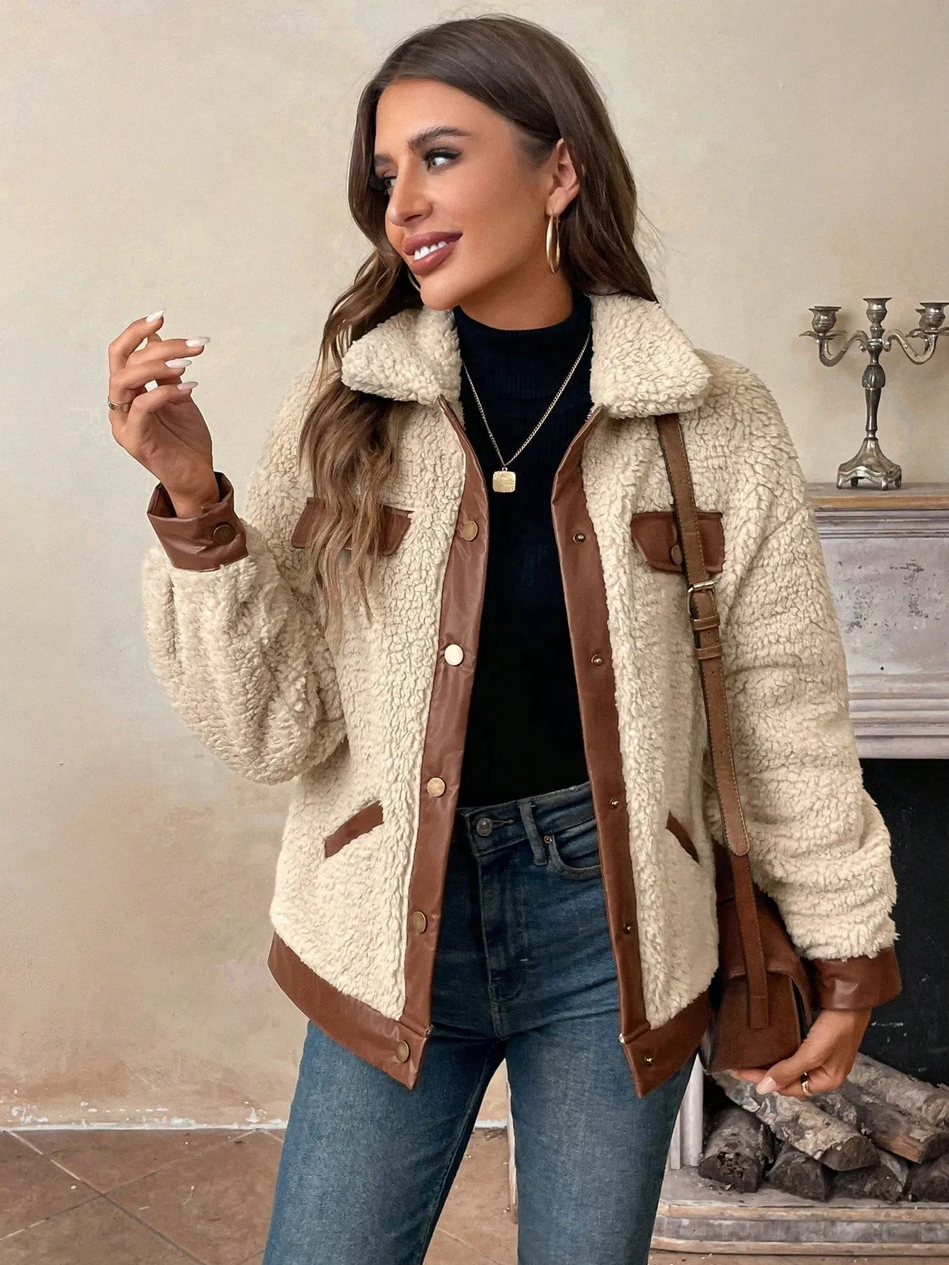 LUNE Women's Casual Warm PU Patchwork Faux Fur Pocket Jacket, Autumn/Winter