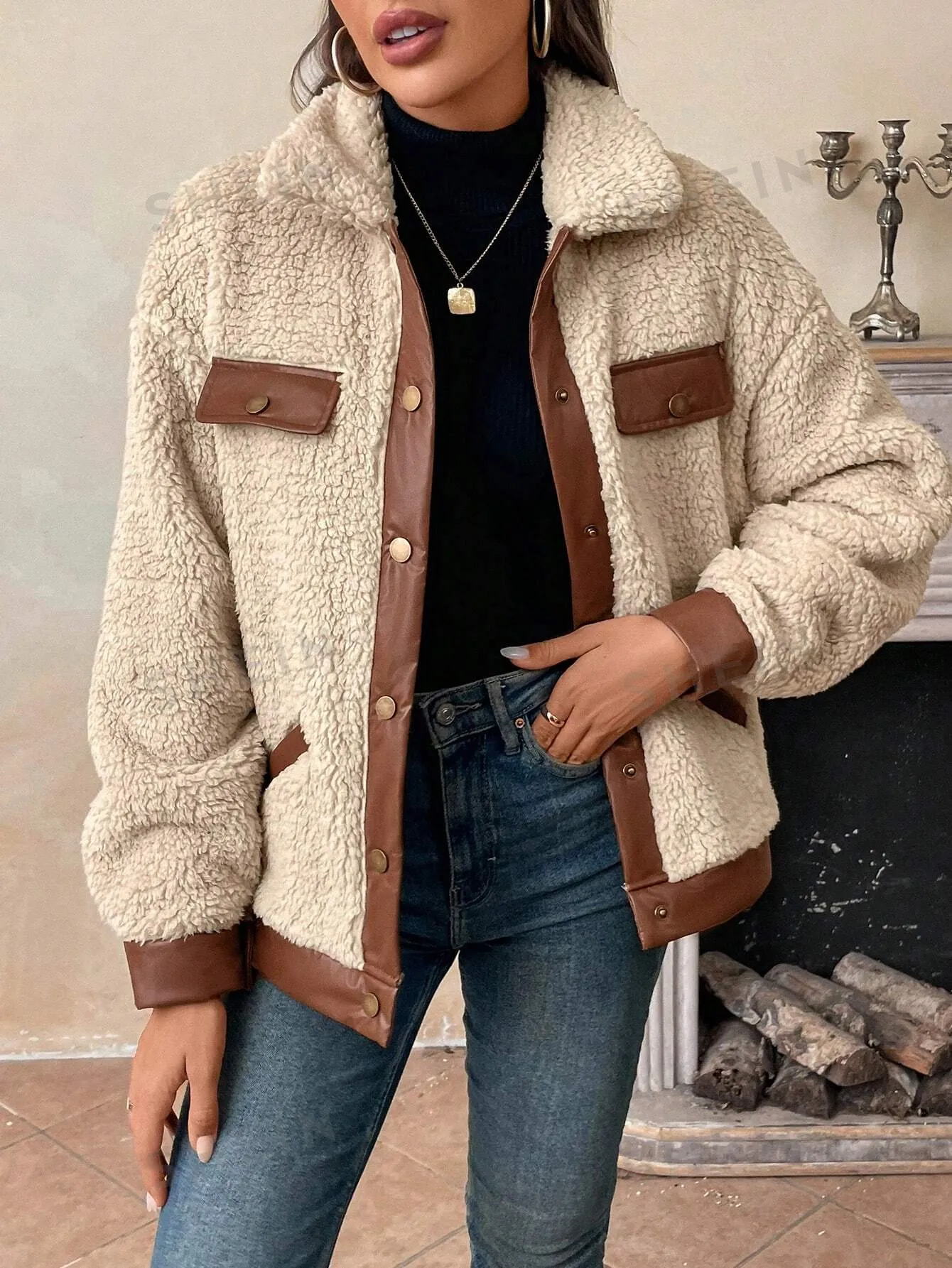 LUNE Women's Casual Warm PU Patchwork Faux Fur Pocket Jacket, Autumn/Winter