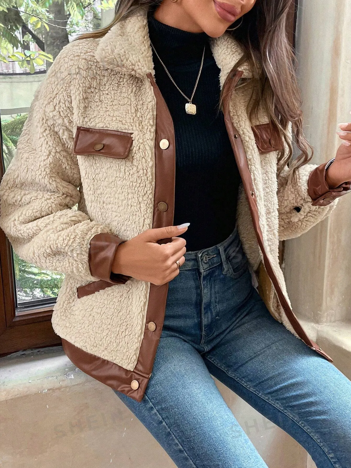 LUNE Women's Casual Warm PU Patchwork Faux Fur Pocket Jacket, Autumn/Winter