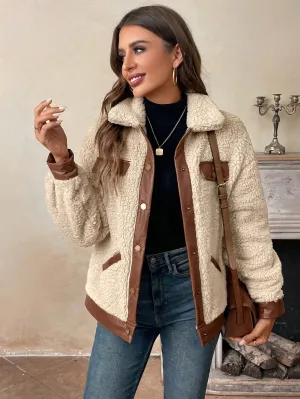 LUNE Women's Casual Warm PU Patchwork Faux Fur Pocket Jacket, Autumn/Winter