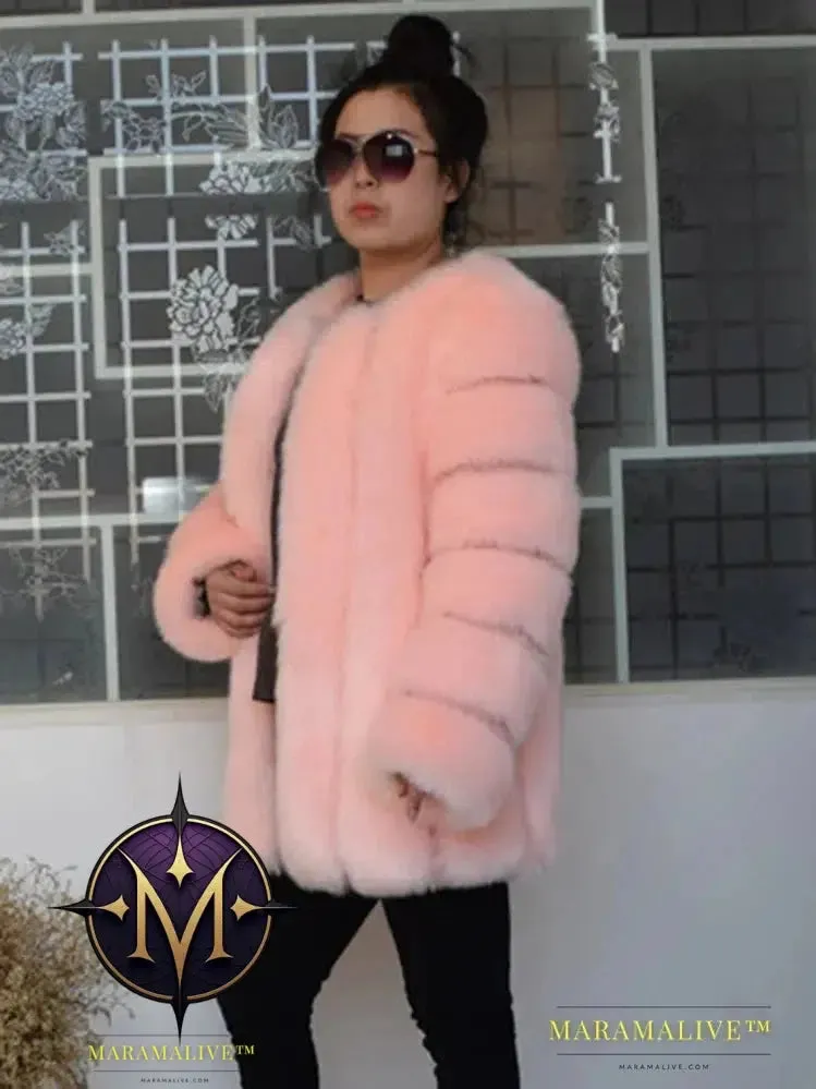 Luxury Faux Fox Fur Coat Slim Long Pink Red Blue Faux Fur Jacket Women Fake Fur Coats Manteau Fourrure