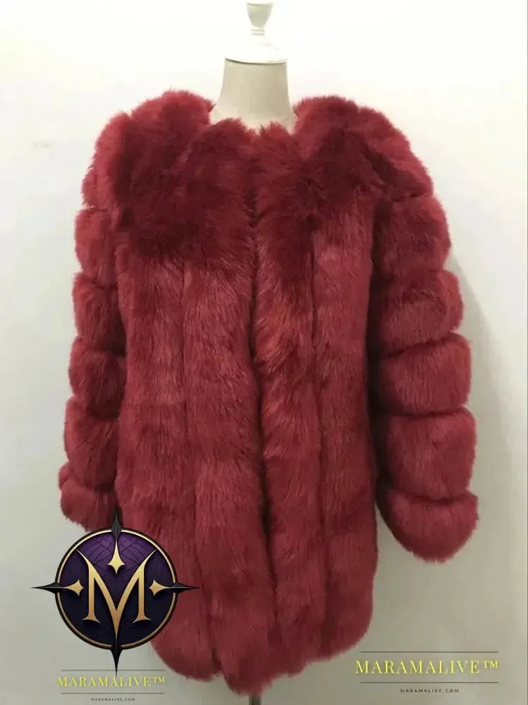 Luxury Faux Fox Fur Coat Slim Long Pink Red Blue Faux Fur Jacket Women Fake Fur Coats Manteau Fourrure