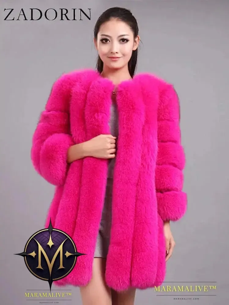 Luxury Faux Fox Fur Coat Slim Long Pink Red Blue Faux Fur Jacket Women Fake Fur Coats Manteau Fourrure