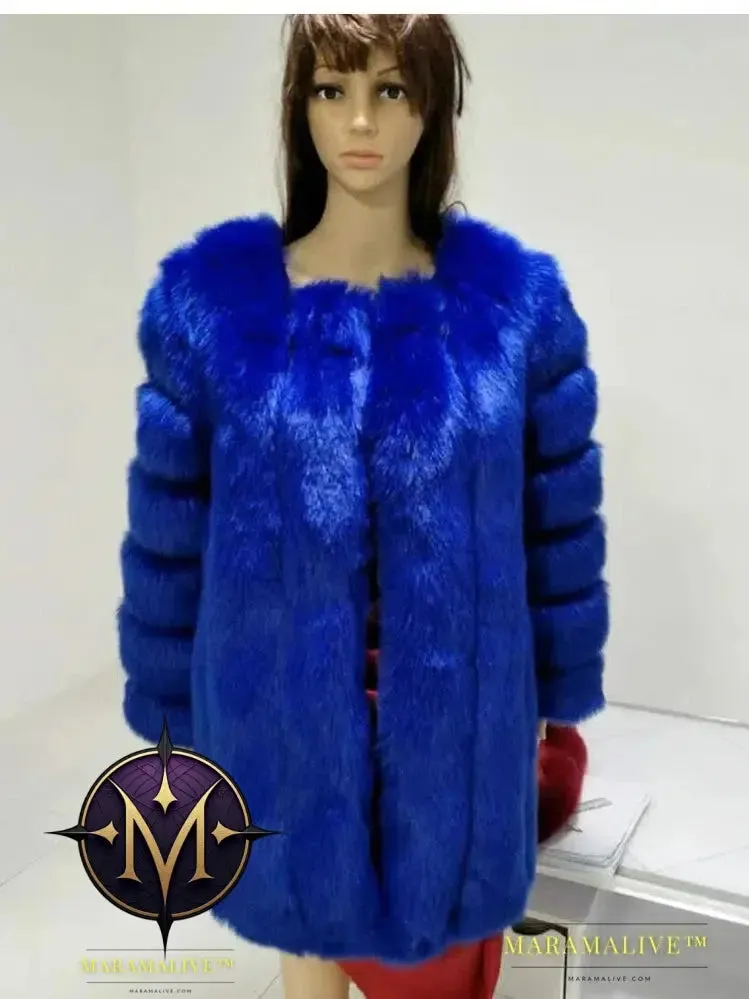 Luxury Faux Fox Fur Coat Slim Long Pink Red Blue Faux Fur Jacket Women Fake Fur Coats Manteau Fourrure