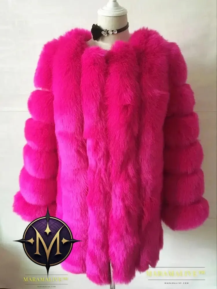 Luxury Faux Fox Fur Coat Slim Long Pink Red Blue Faux Fur Jacket Women Fake Fur Coats Manteau Fourrure
