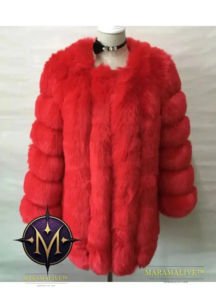 Luxury Faux Fox Fur Coat Slim Long Pink Red Blue Faux Fur Jacket Women Fake Fur Coats Manteau Fourrure