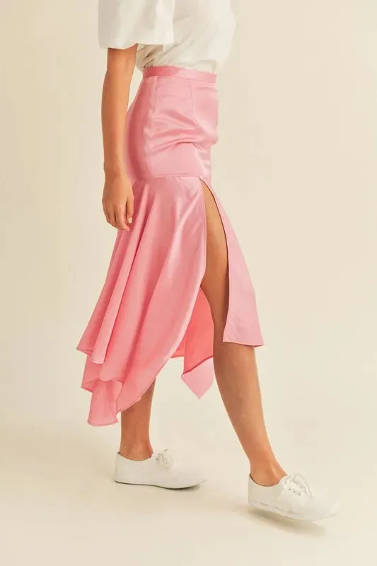 MABLE Satin Handkerchief Asymmetrical Hem Midi Skirt