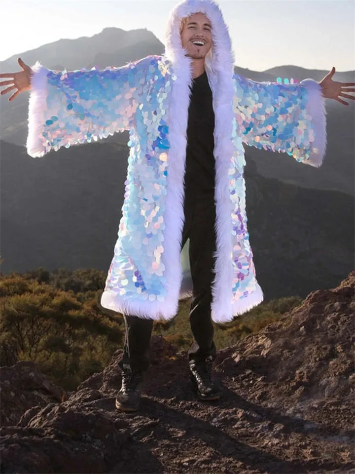 Male Raves Clothes Artificial Fur Sequin LED Coats