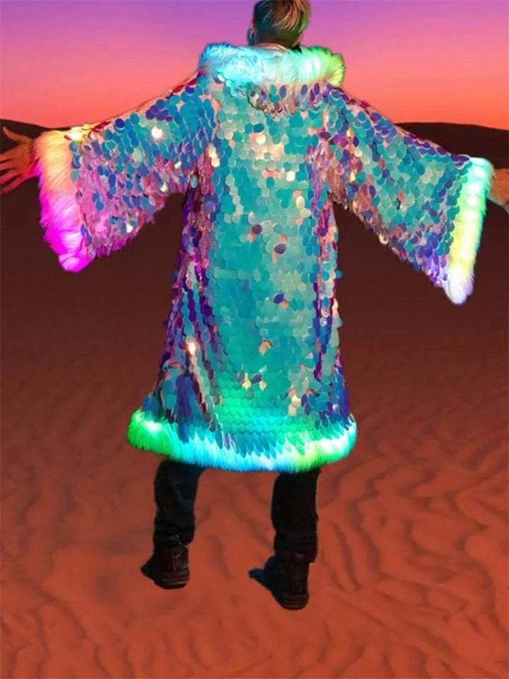 Male Raves Clothes Artificial Fur Sequin LED Coats