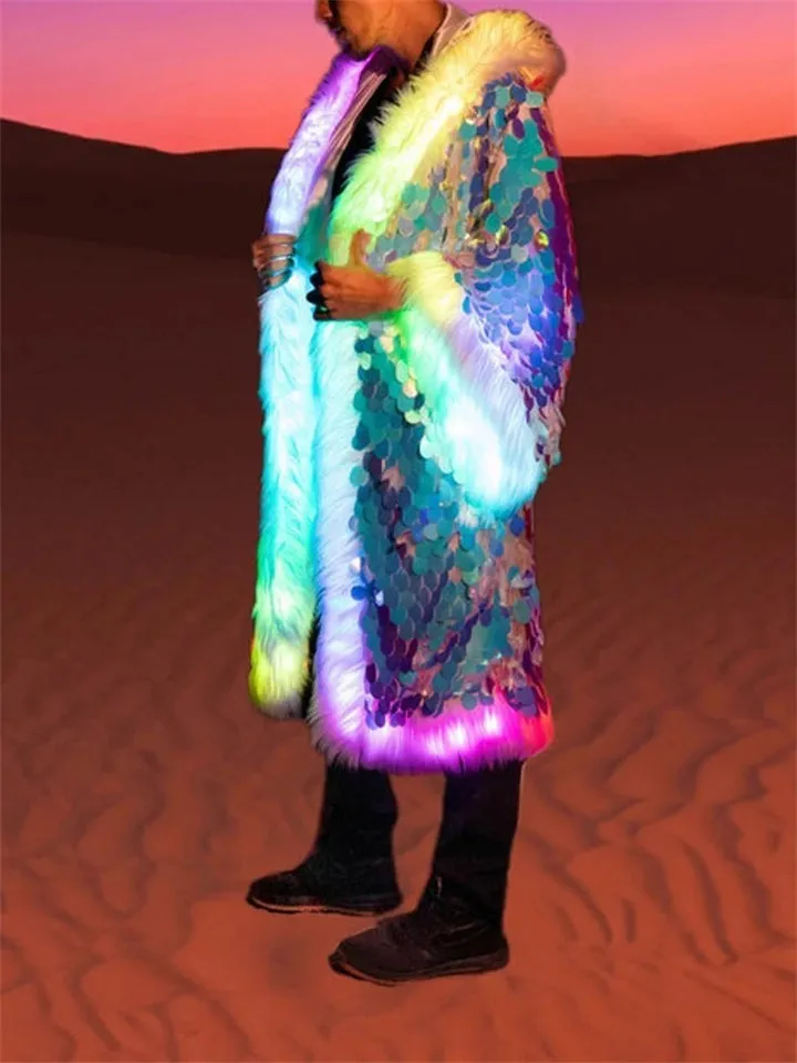Male Raves Clothes Artificial Fur Sequin LED Coats