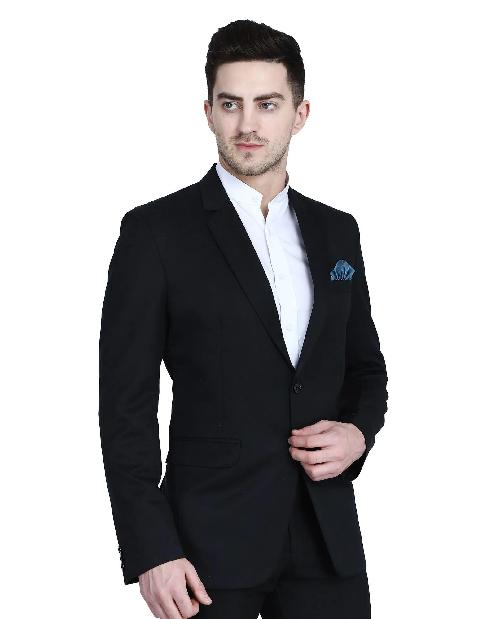 Men Black Notched Lapel Blazer With Hanky
