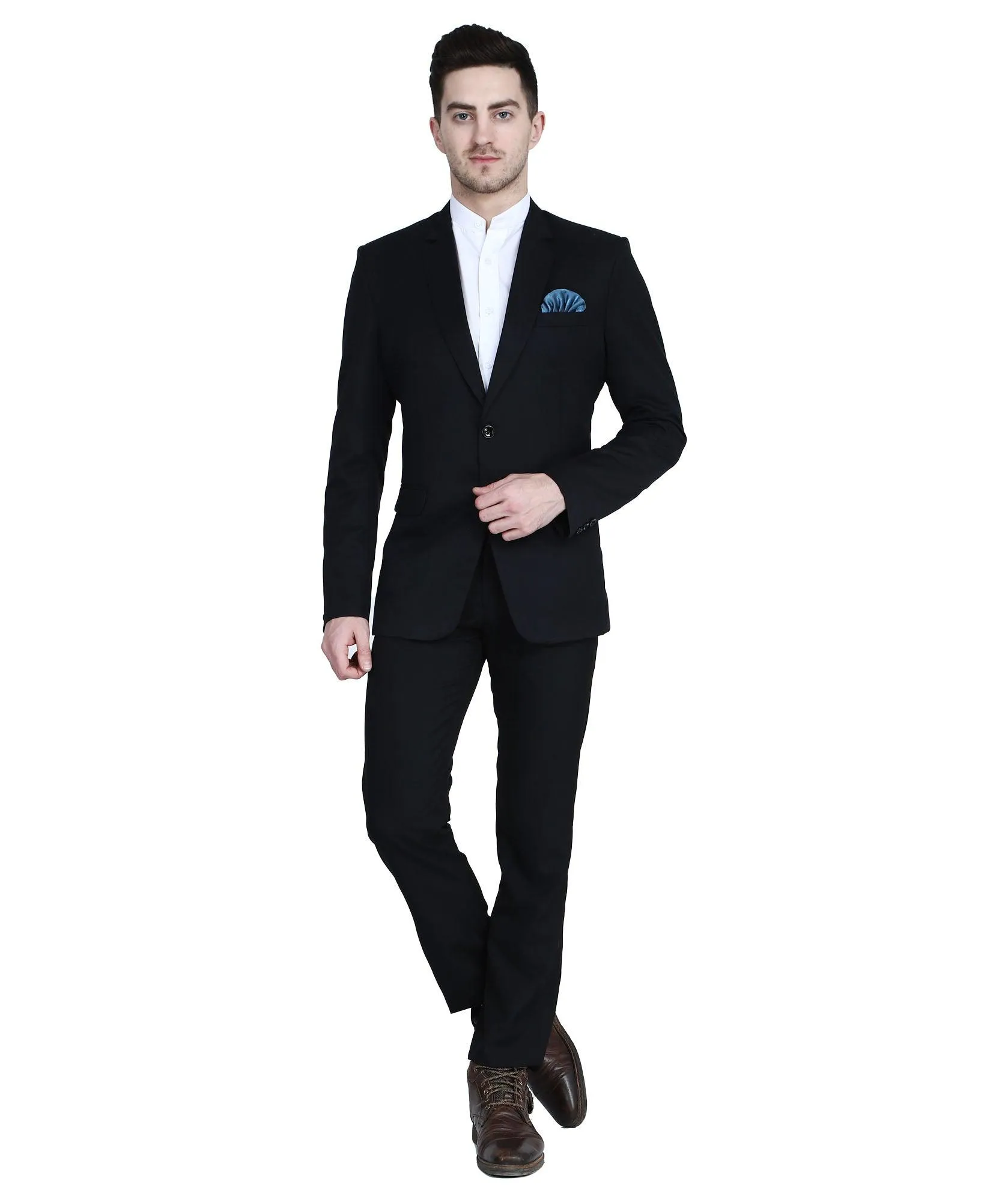 Men Black Notched Lapel Blazer With Hanky