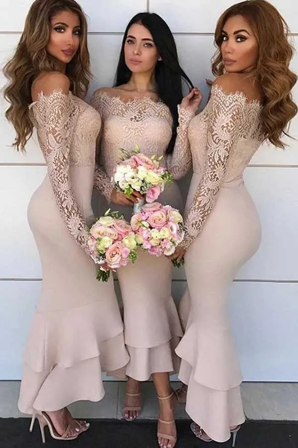 Mermaid Lace Top Off-the-Shoulder Long Sleeves Bridesmaid Dresses, MBD182