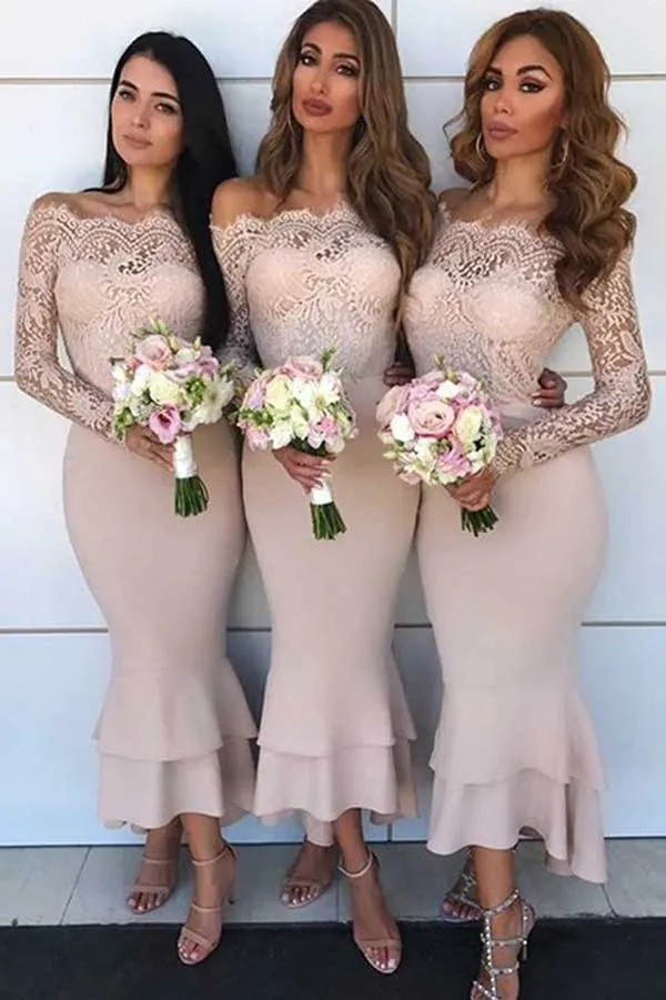 Mermaid Lace Top Off-the-Shoulder Long Sleeves Bridesmaid Dresses, MBD182