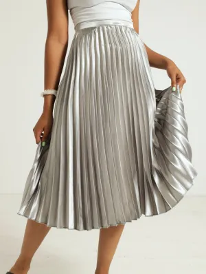 Metallic Pleated Skirt - Silver